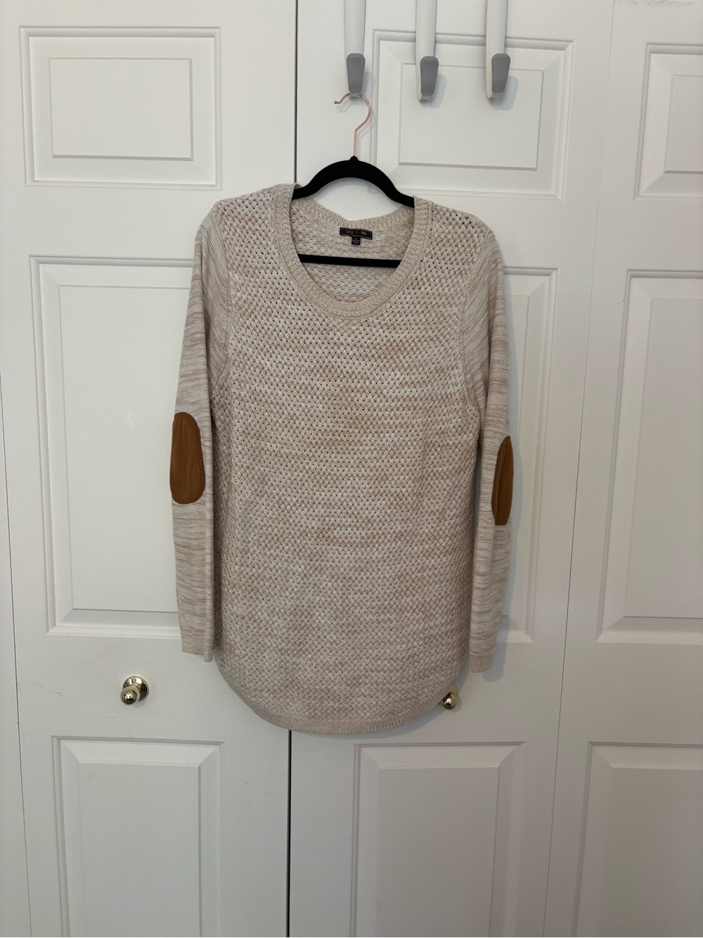 Textured Cream Crewneck Sweater with Brown Elbow Patches